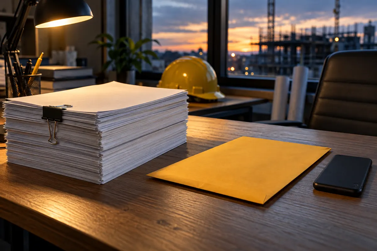 A tall stack of paper certificates held by a binder clip beside a single yellow envelope and a phone on a site office desk at dusk